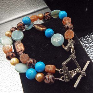 VINTAGE TURQUOISE PEARLS AGATE SHELL BEADS 2 STRAND ANODIZED SILVER BRACELET 19
